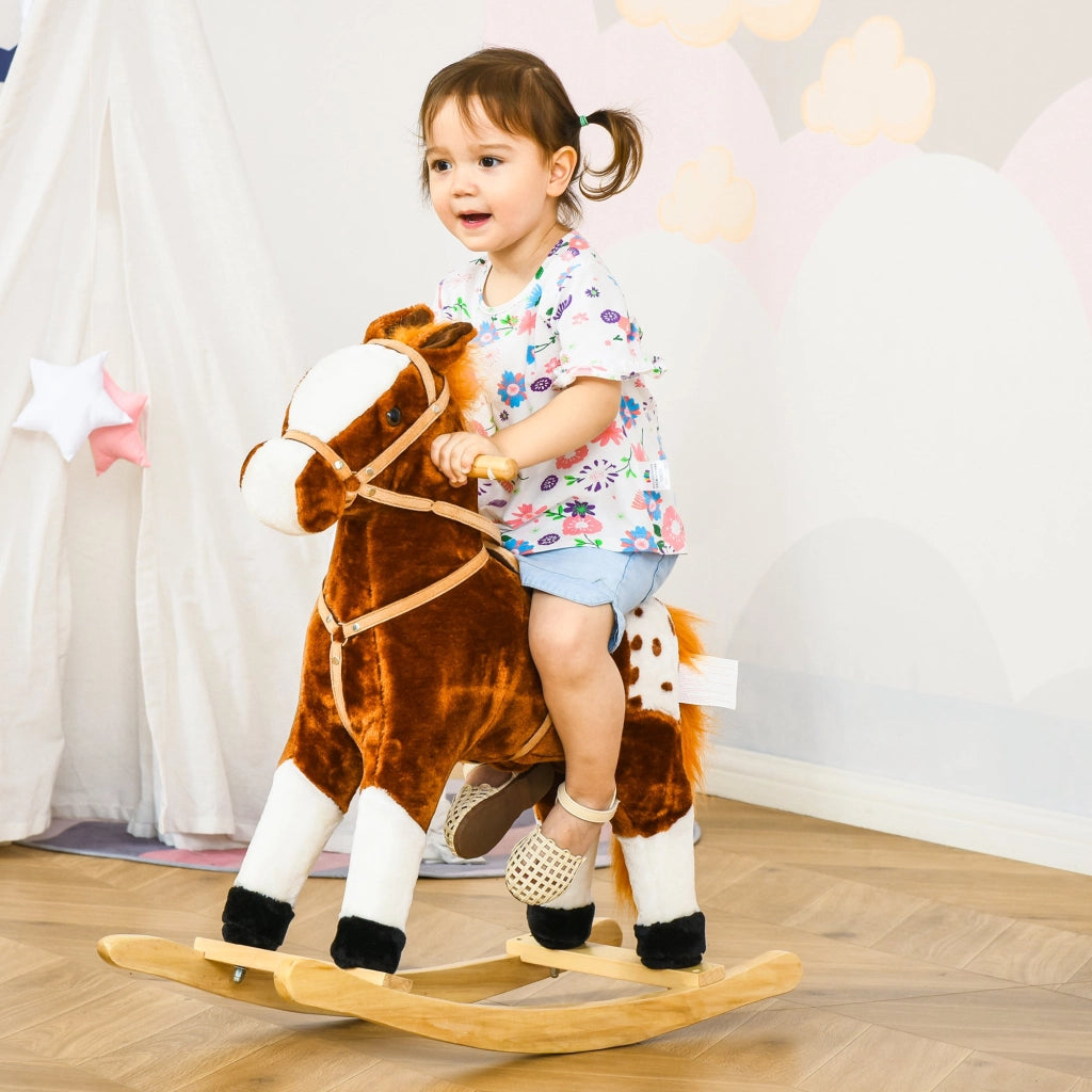 EasyComfort Cavallo a Dondolo in Legno con Suono Animale Regalo Giocattolo per i Bambini, 74 x 28 x 65 cm, Marrone