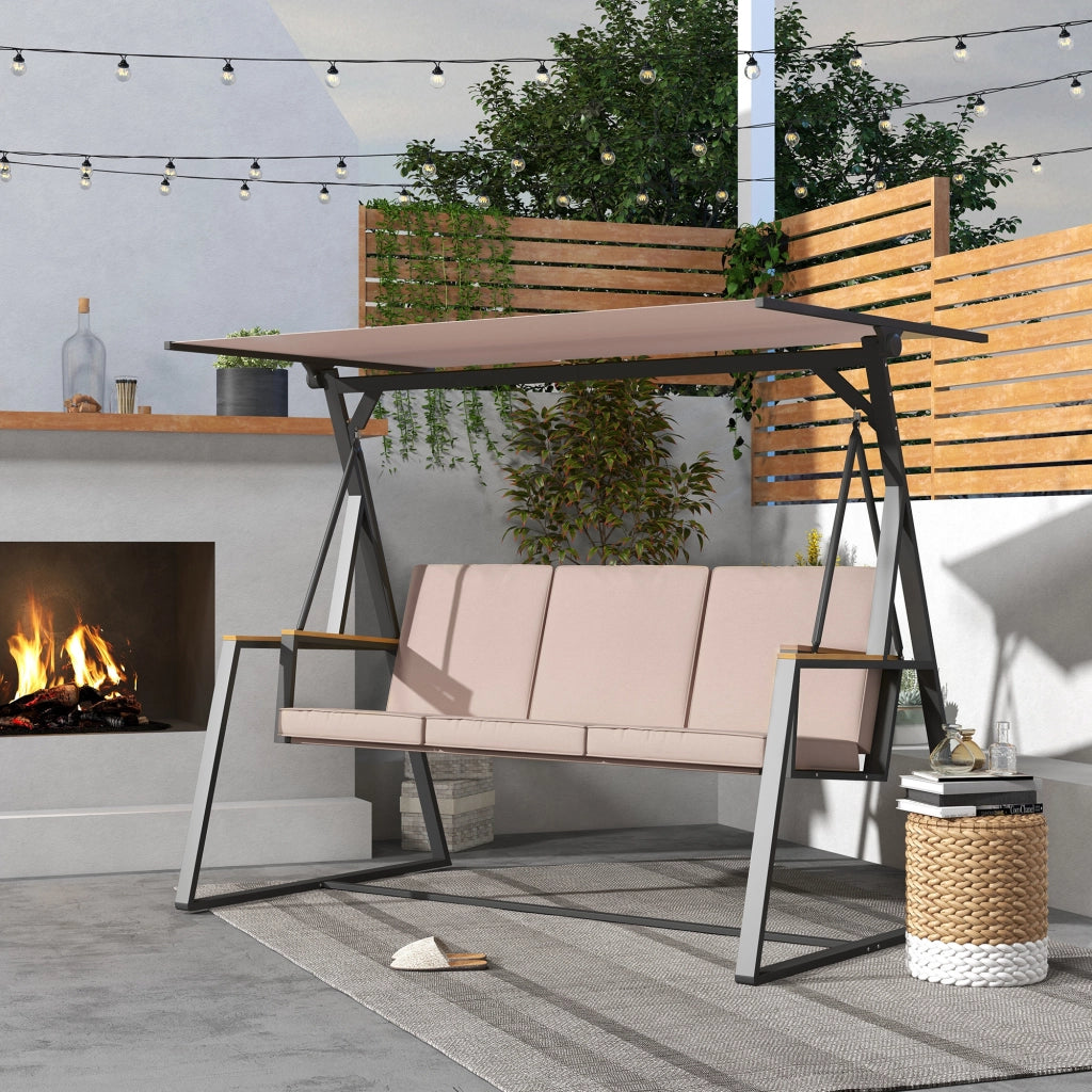 Panca basculante Hollywood a 3 posti con cuscini e tetto regolabile fino a 300 kg di kaki 205x130x175 cm per giardino e terrazza