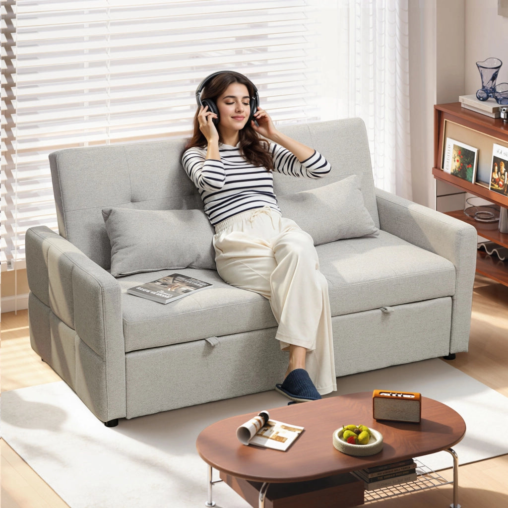 Divano Letto Clic Clac 2 Posti con Cuscini in Tessuto ¨C Zephmum ¨C Marrone Chiaro