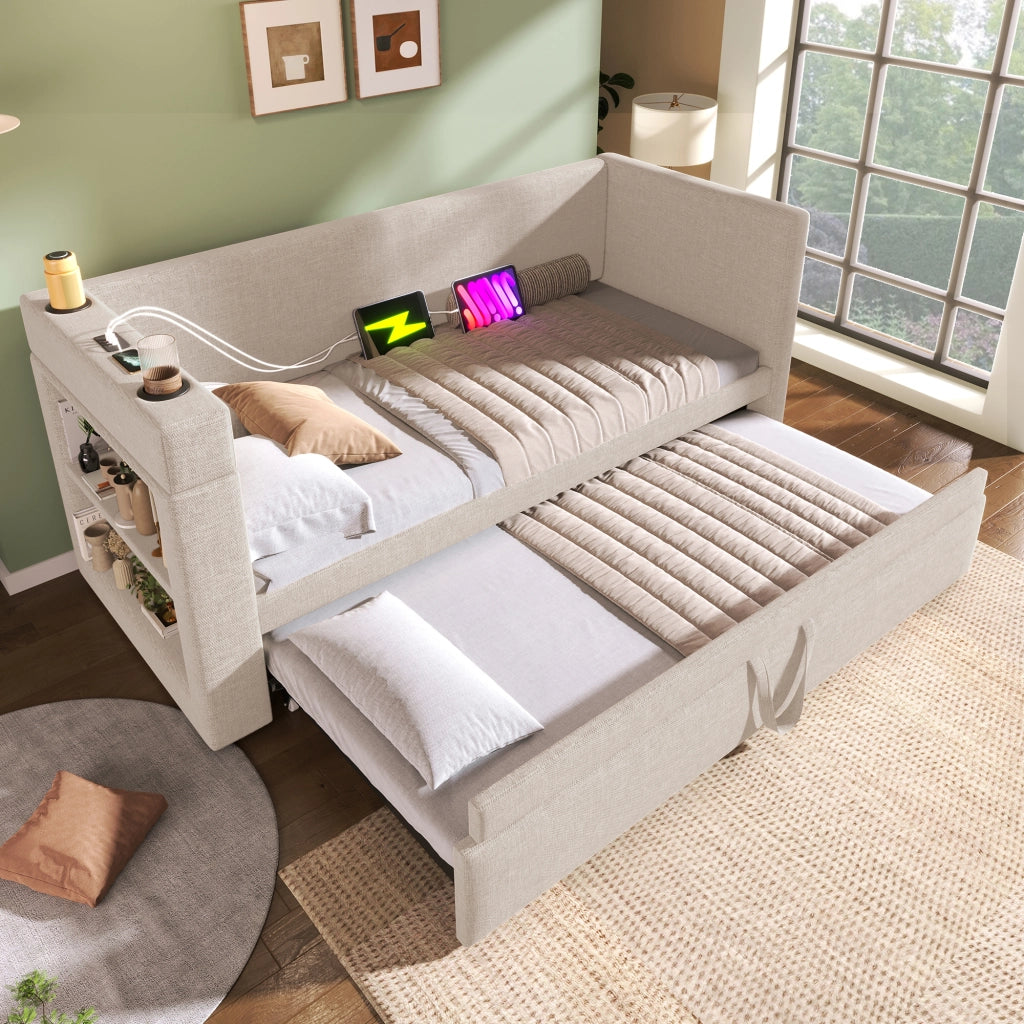 LETTO Divano con letto estraibile 90x190 cm Beige cotone e lino