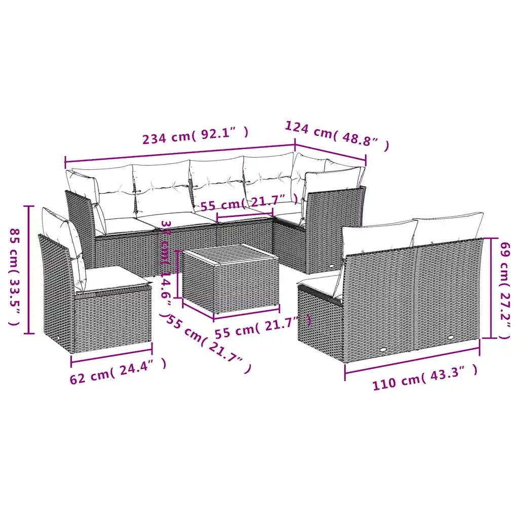 Set Divani da Giardino 9 pz con Cuscini Nero in Polyrattan 3256015