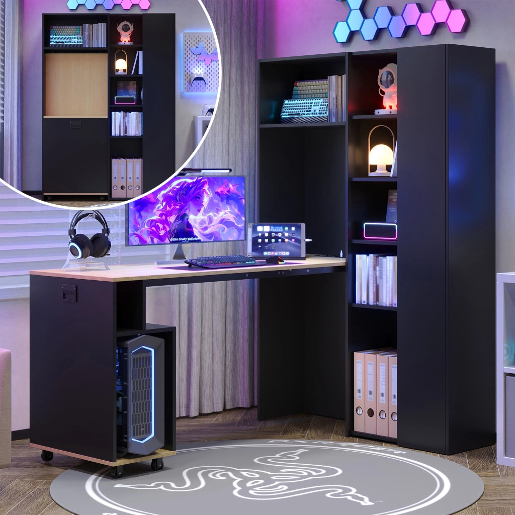Scrivania pieghevole 2 in 1 con libreria, presa EU e porte USB, MDF, nero e rovere