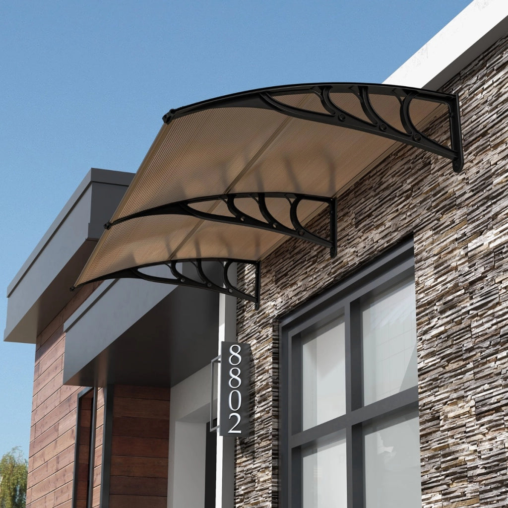Tettoia per porta per protezione da sole pioggia neve, Tettoia per porta finestra in alluminio Marrone 199x99cm-Tende parasole