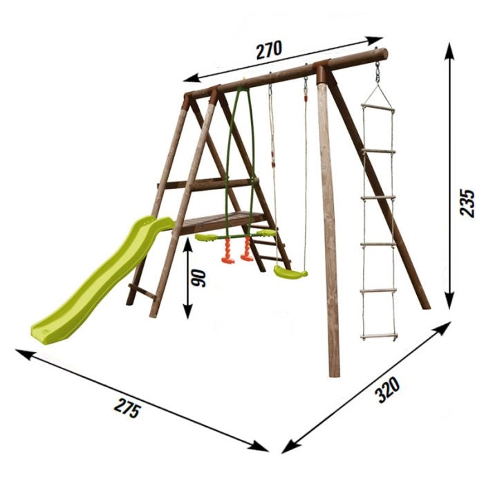 Area giochi in legno MAGNOLIA con scivolo, altalene, scala a corda