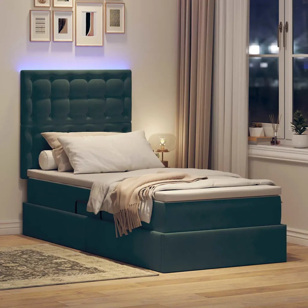 Letto con contenitore e LED Verde Scuro 100 x 200 cm Velluto