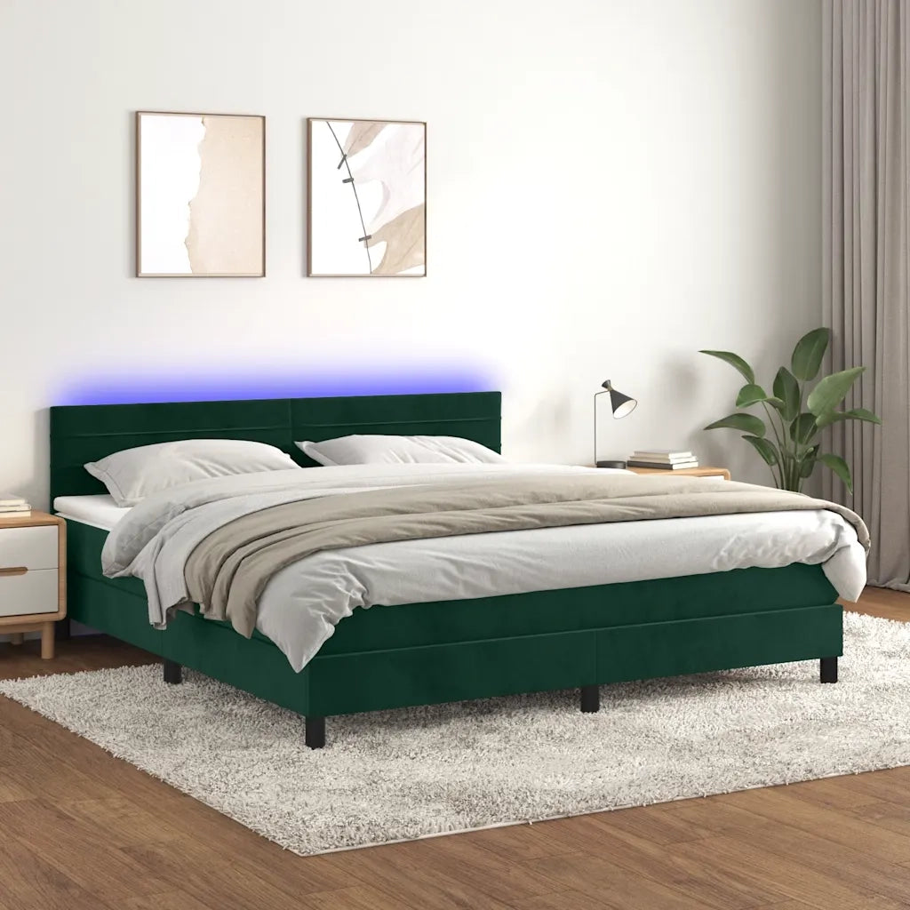 Letto a Molle con Materasso e LED Verde Scuro 160x200cm Velluto 3134474