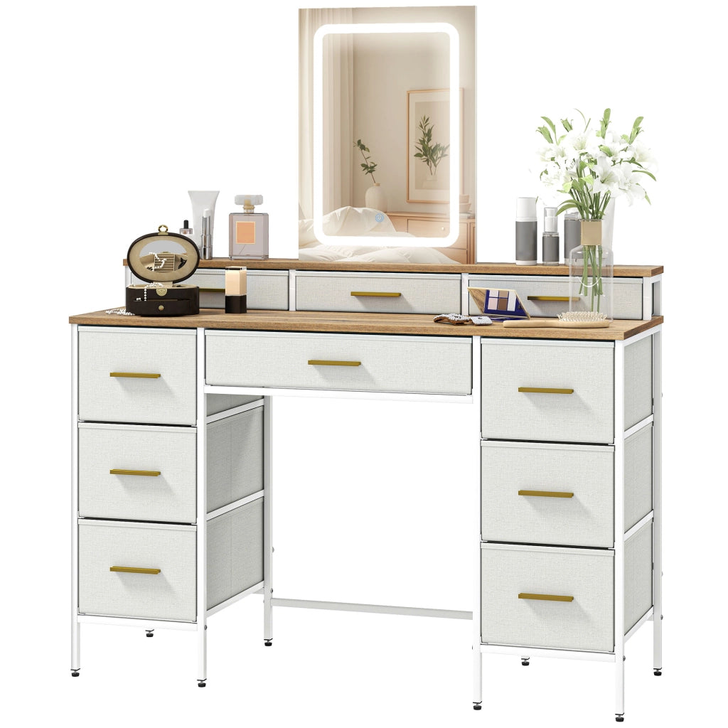 Toilette con specchio LED 3 colori ¨C Xylo ¨C 10 cassetti tessuto 118,5x39,5x140cm naturale