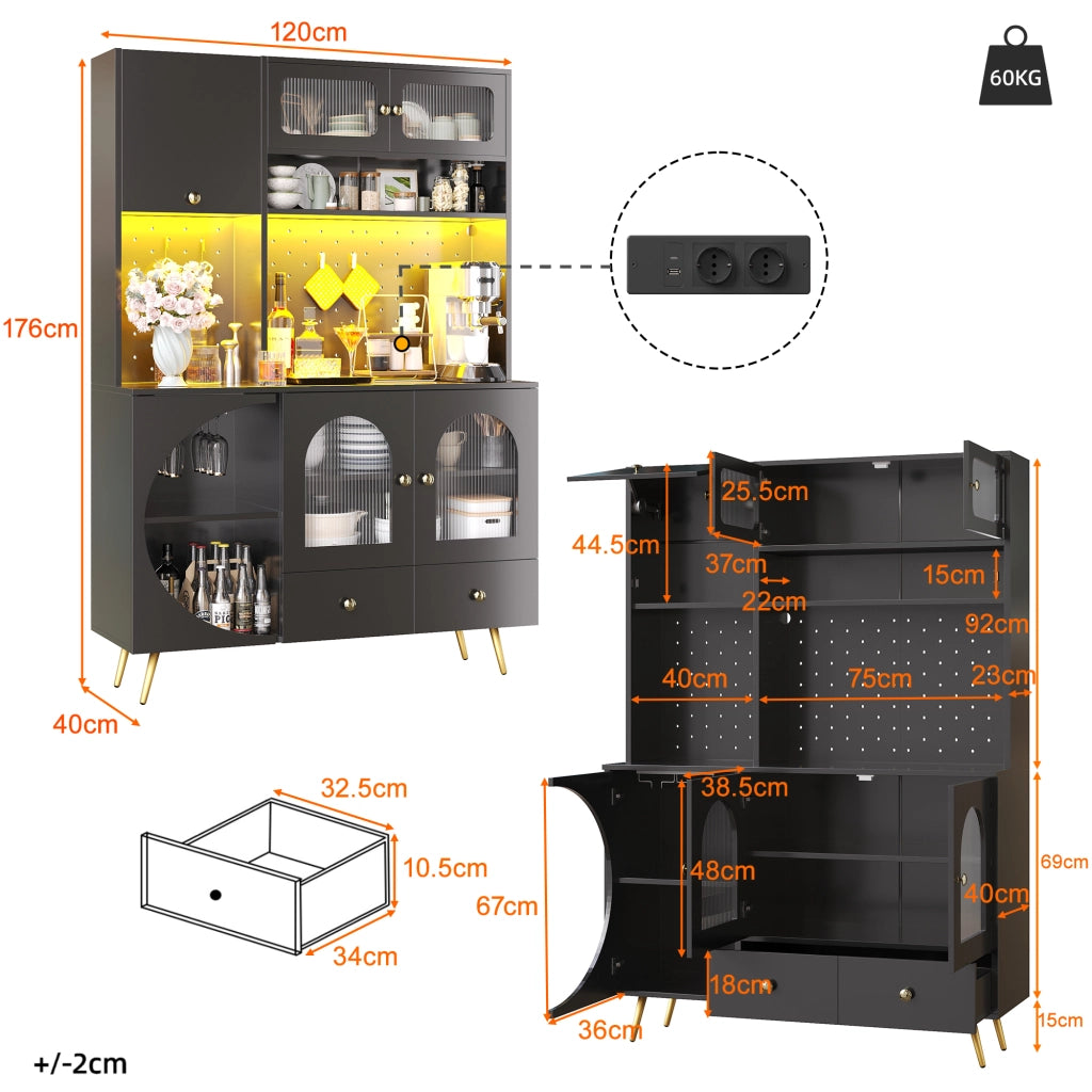 Mobile Credenza con LED, USB e Prese ¨C MINIMAL ¨C Nero, Vetro, Cassetto