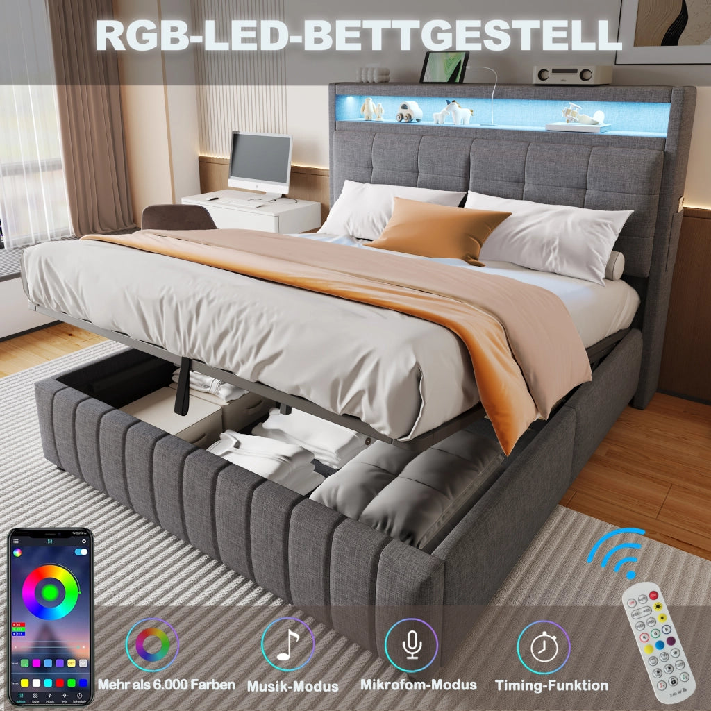 LETTO Imbottito 160x200 cm Grigio in lino con LED, USB e contenitore