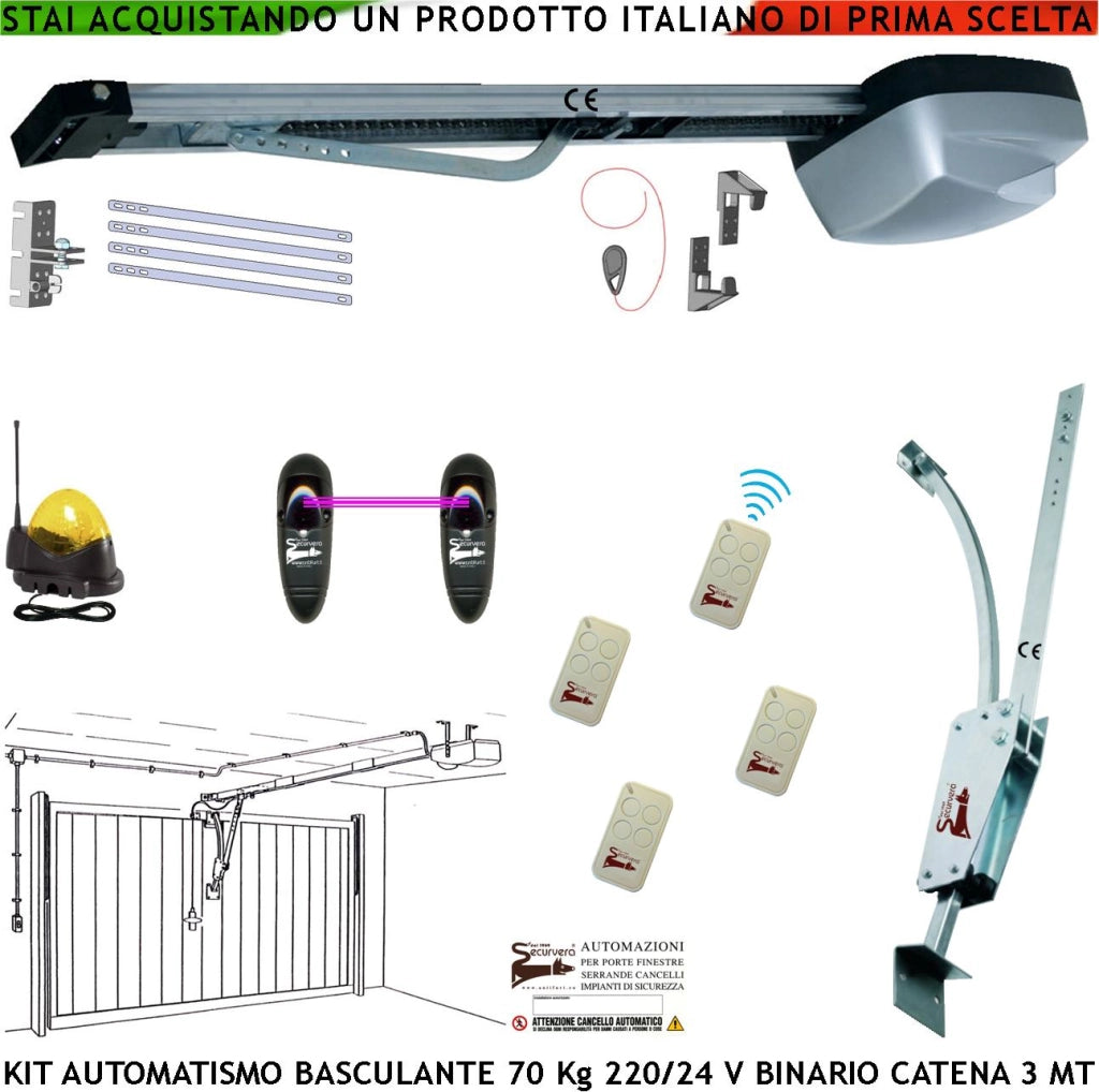 Kit Automatismo Motore 220/24 V da Soffitto Per Cler Basculante 70 Kg Faro Antenna 4 Radiocomandi Fotocellule Archetto Binario Alluminio Con Catena Acciaio 3 Metri Sblocco Sul Pattino Luce di Cortesia