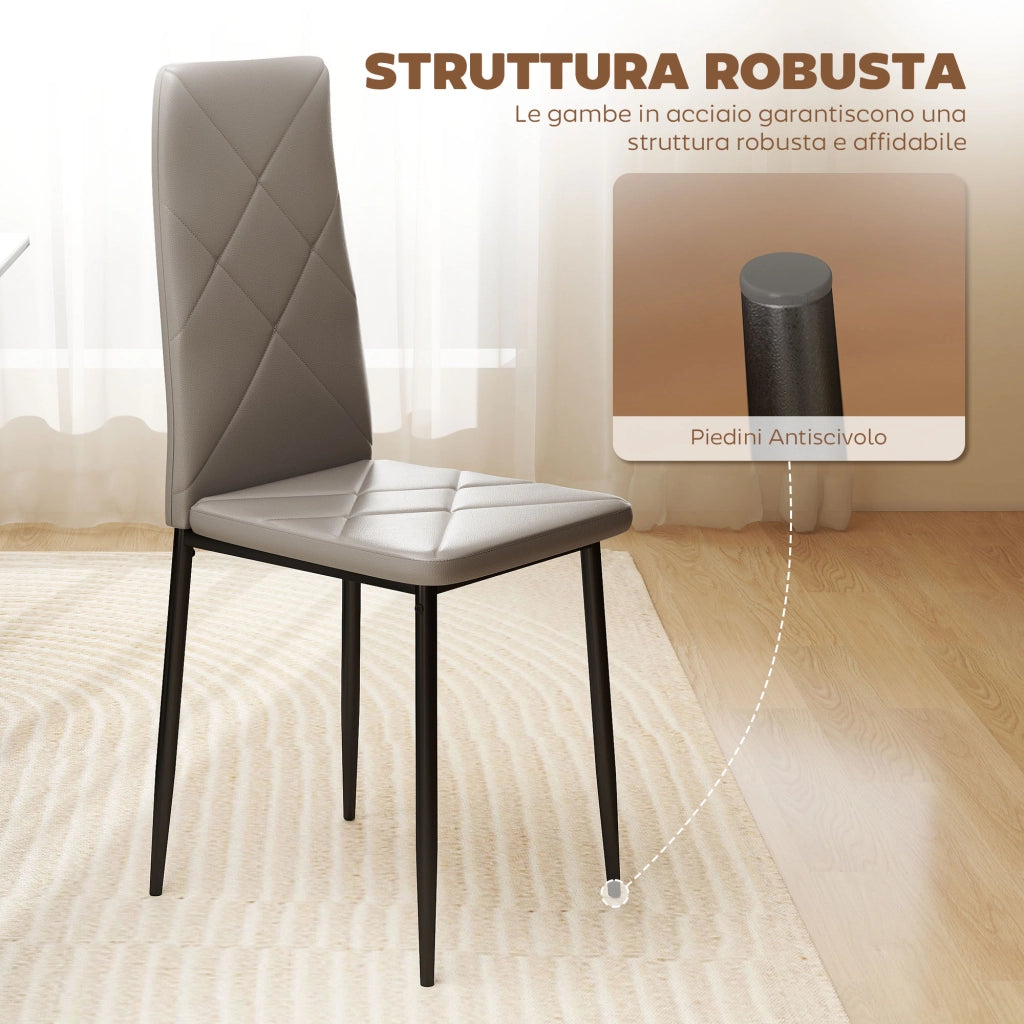 Set di 6 Sedie da Pranzo Moderne con Schienale Alto in Finta Pelle e Acciaio, 41x50x97 cm, Grigio