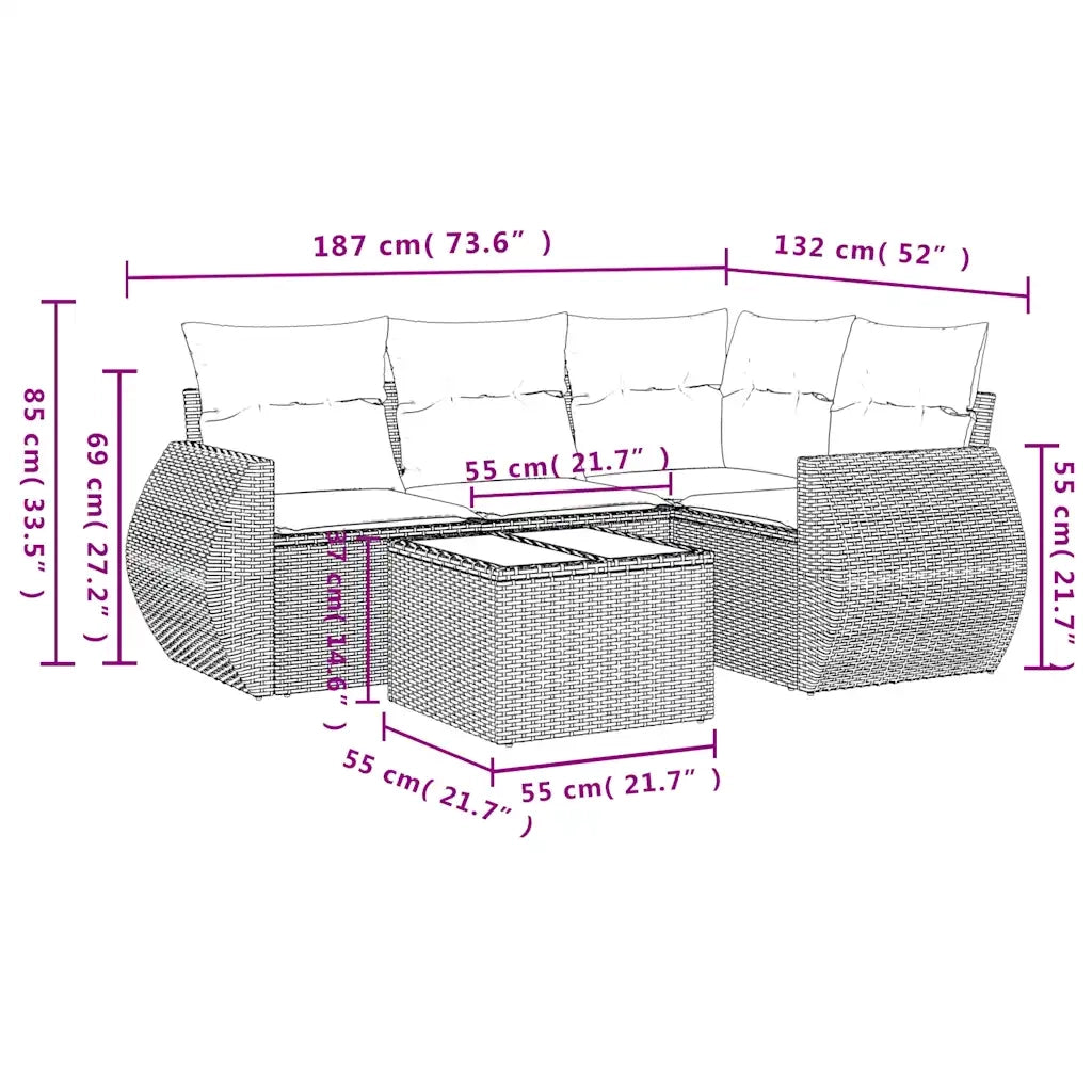 Set Divano da Giardino 5 pz con Cuscini Marrone in Polyrattan 3221322