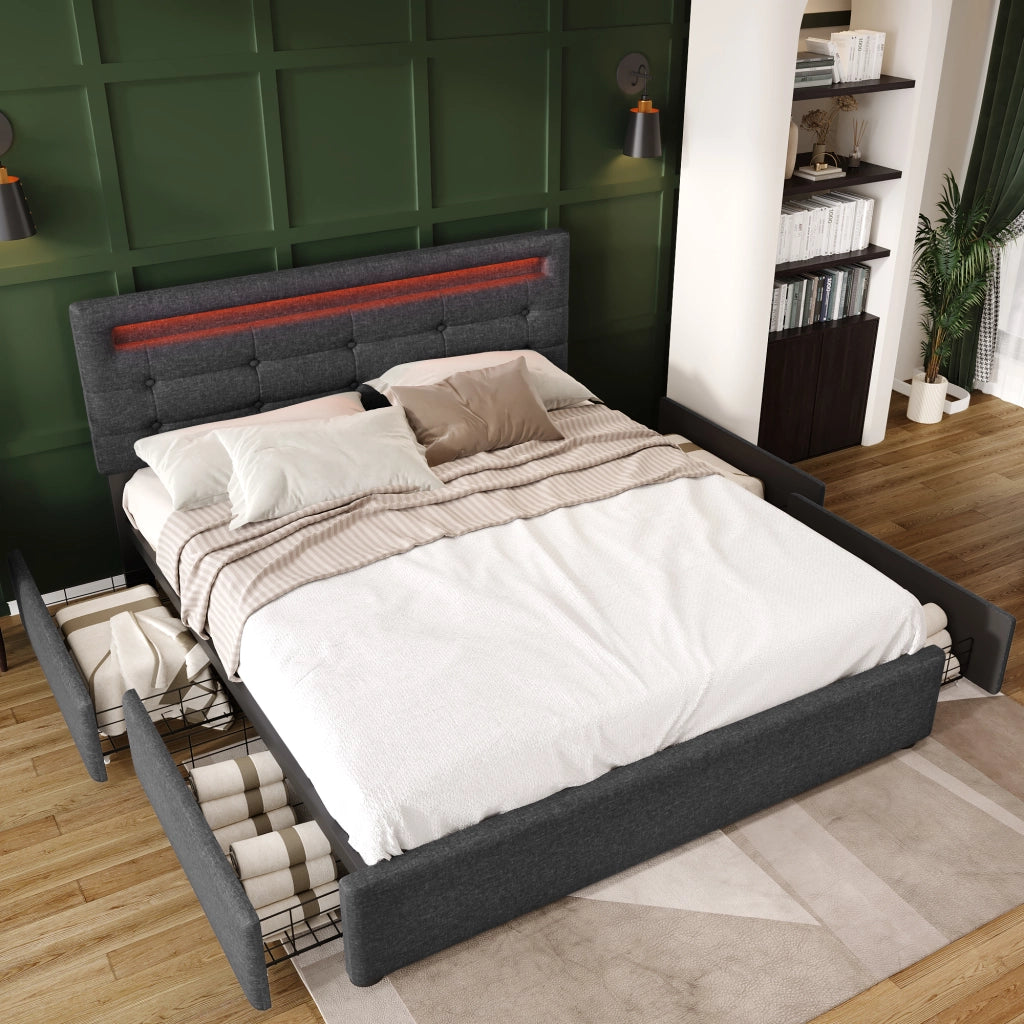 LETTO matrimoniale 140x200 cm in lino grigio con LED e 4 cassetti