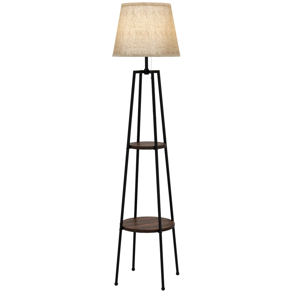Lampada da Terra a 2 Ripiani ¨C Zephmum ¨C Nero e Marrone, Metallo e MDF, ?42x166 cm