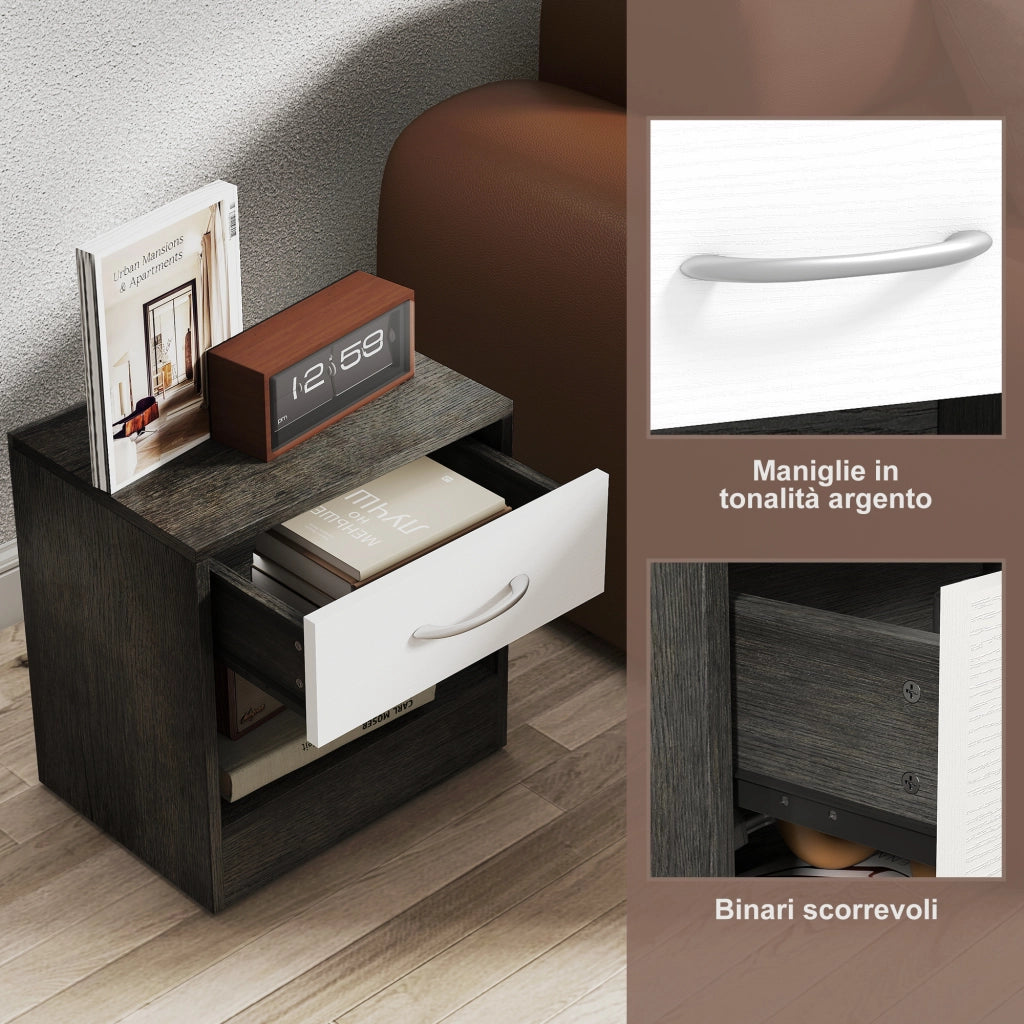 Comodini Moderni con Cassetto e Ripiano Aperto ¨C zephmum ¨C Legno, Bianco e Grigio Scuro, 39x28x41 cm