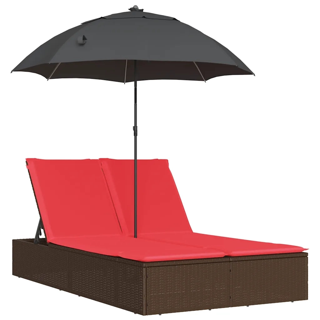 Lettino Prendisole Doppio Cuscini e Parasole Marrone Polyrattan 368087