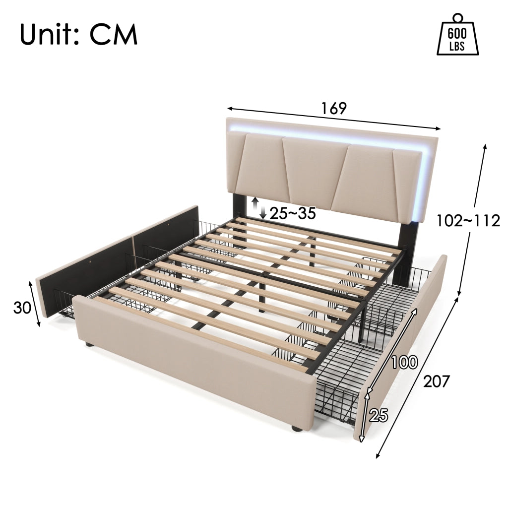 LETTO 160x200 cm Beige con LED, 4 cassetti e materasso incluso