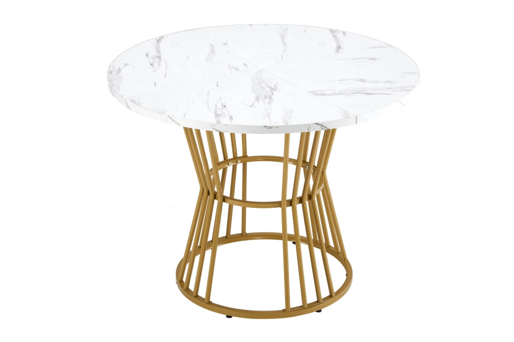Tavolo da pranzo rotondo 100x75 cm in MDF effetto marmo; struttura in metallo bianco