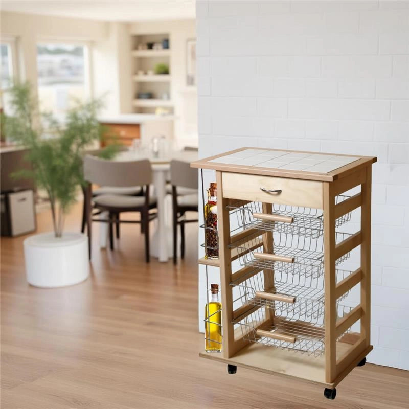 CARRELLO VESUVIO CON CASSETTO+PORTABOTTIGLIE NATURALEIN FAGGIO E BASE INFERIORE MULTISTRATO DI BETULLA 1 CASSETTO 4 CESTELLI