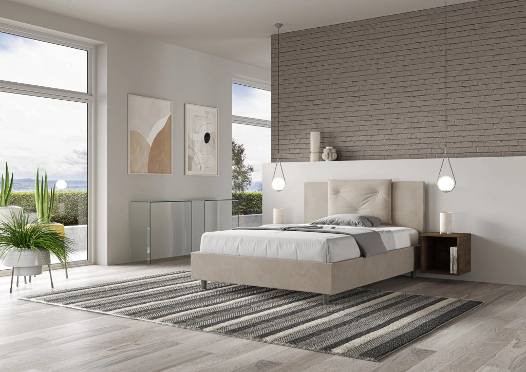 BS COM Letto matrimoniale francese contenitore imbottito 140x200 microfibra sabbia