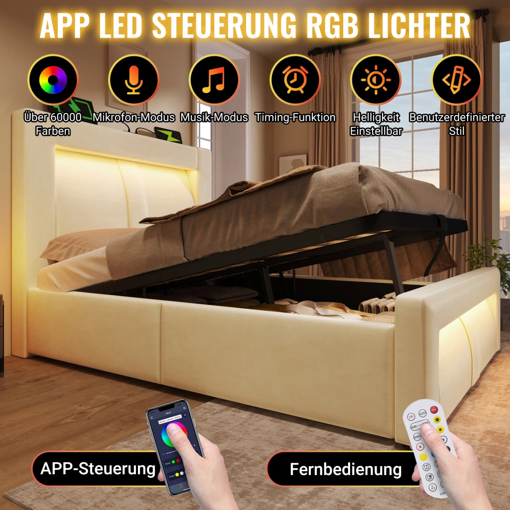 LETTO Contenitore 160x200 cm in velluto beige con LED e porte USB