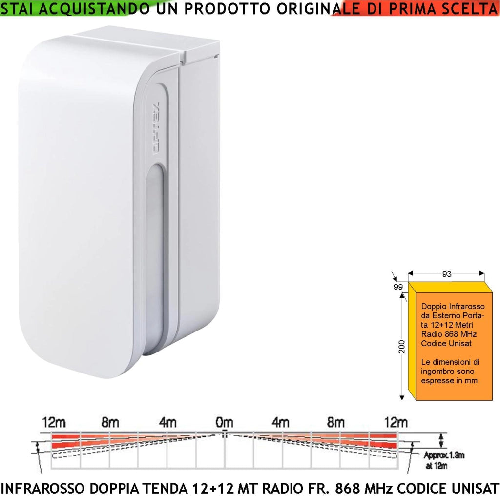 Rilevatore Doppio Infrarosso a Tenda da Esterno Sensore di Movimento 12+12 Metri Lineari Ricetrasmissione Frequenza 868 MHz Bidirezionale UNISAT Protezione Ponteggi Impalcature Porticati Anti Jamming