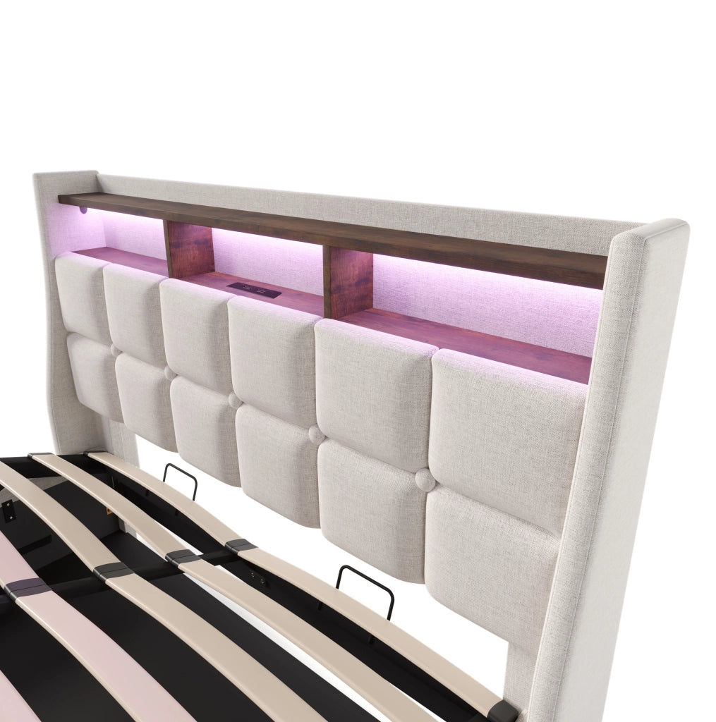 Letto imbottito con LED e USB 160x200 cm, contenitore salvaspazio