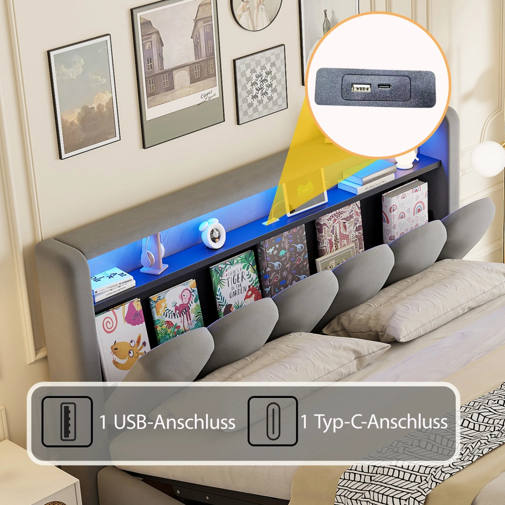 LETTO Contenitore 180x200 cm in velluto grigio con USB, USB-C e LED