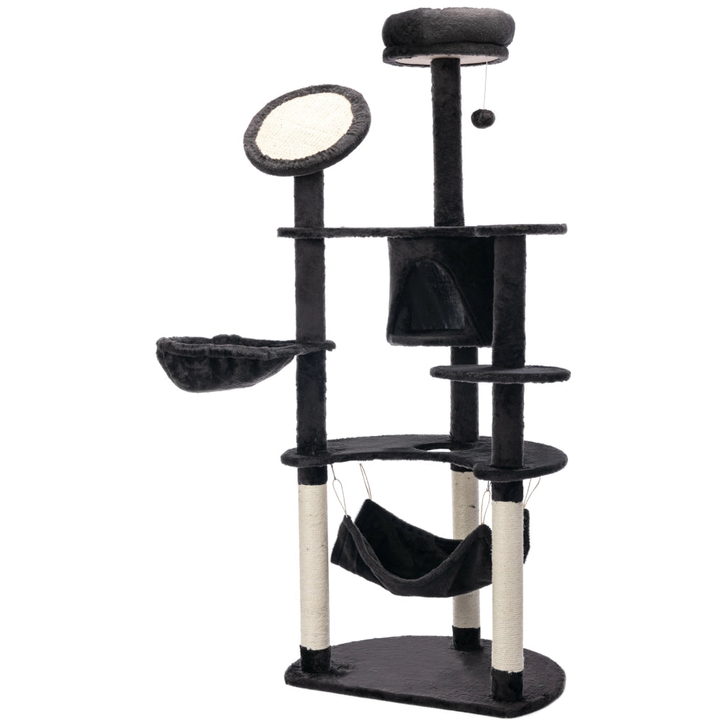 Torre per Gatti con Piattaforme Poste Amaca e Cueva ¨C Minimal ¨C Grigio Scuro 65x50x153 cm