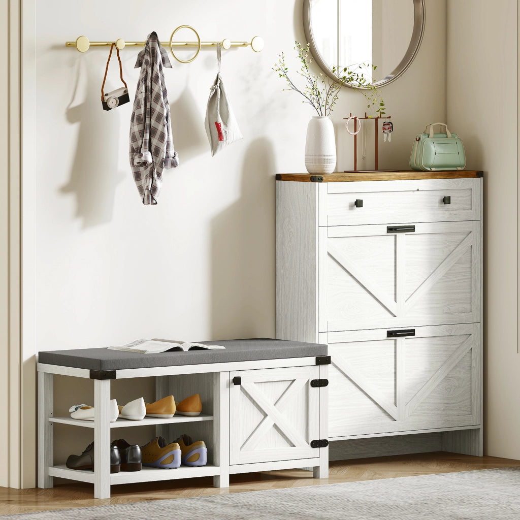 Scarpiera con Seduta e Ripiani ¨C Minimal ¨C 100x40x48 cm Bianco Grigio