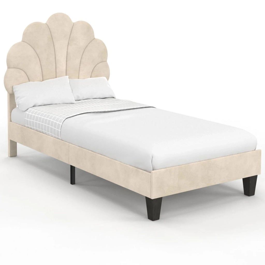 IDMarket - Letto singolo a conchiglia AMANDA 90 x 190 cm con base in velluto beige
