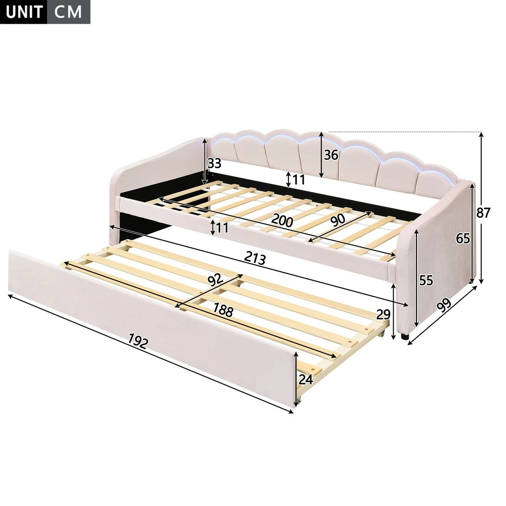 Letto Singolo Imbottito con LED ¨C MINIMAL ¨C Velluto Rosa 90x200