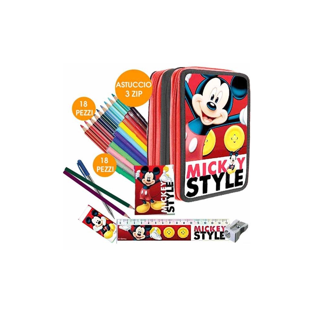 Trade Shop - Kit Scuola School Pack Zaino Estensibile + Astuccio 3 Zip Disney Mickey Mouse -