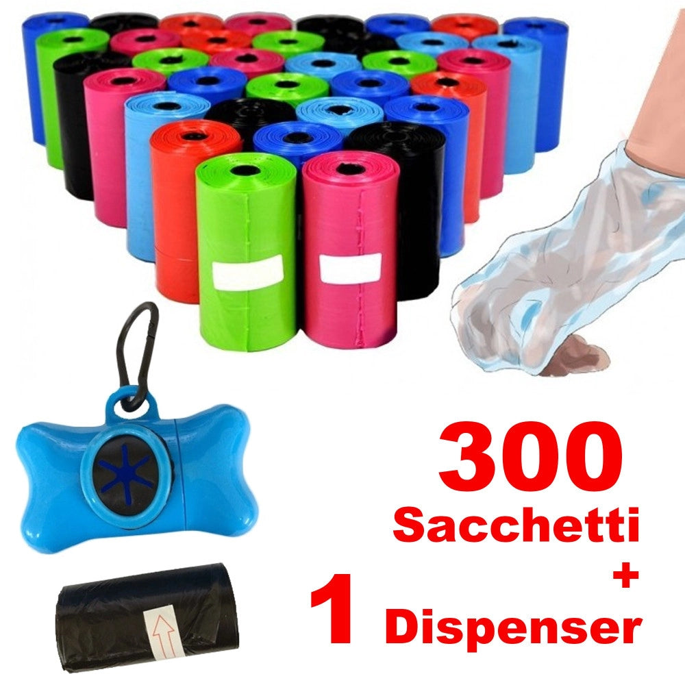 Trade Shop - Set 300 Sacchetti Igienici Per Bisogni Escrementi Cani Raccolta Feci + Dispenser -