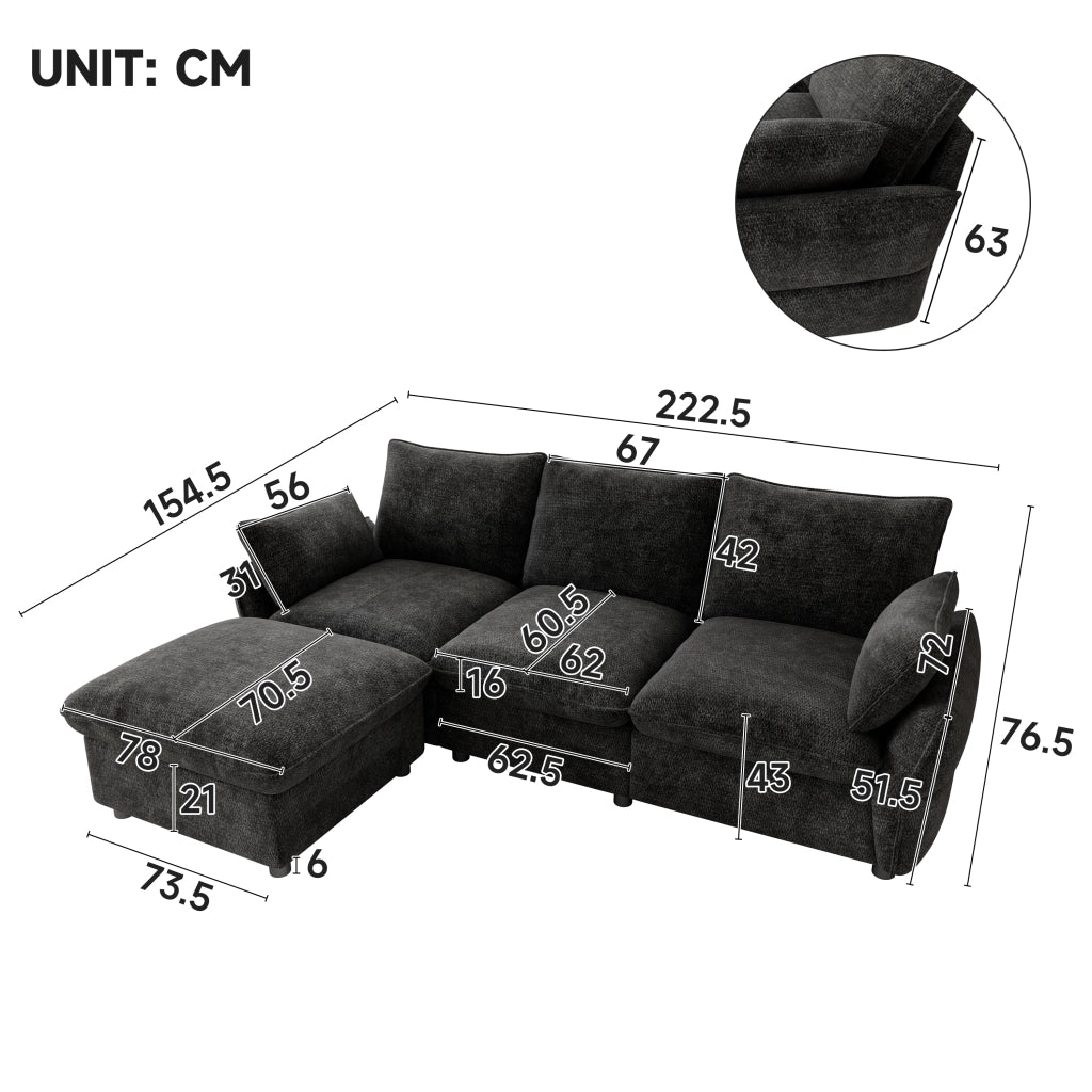 DIVANO ANGOLARE L 222,5x154,5x76,5 cm Chenille Grigio Scuro con pouf e 2 cuscini