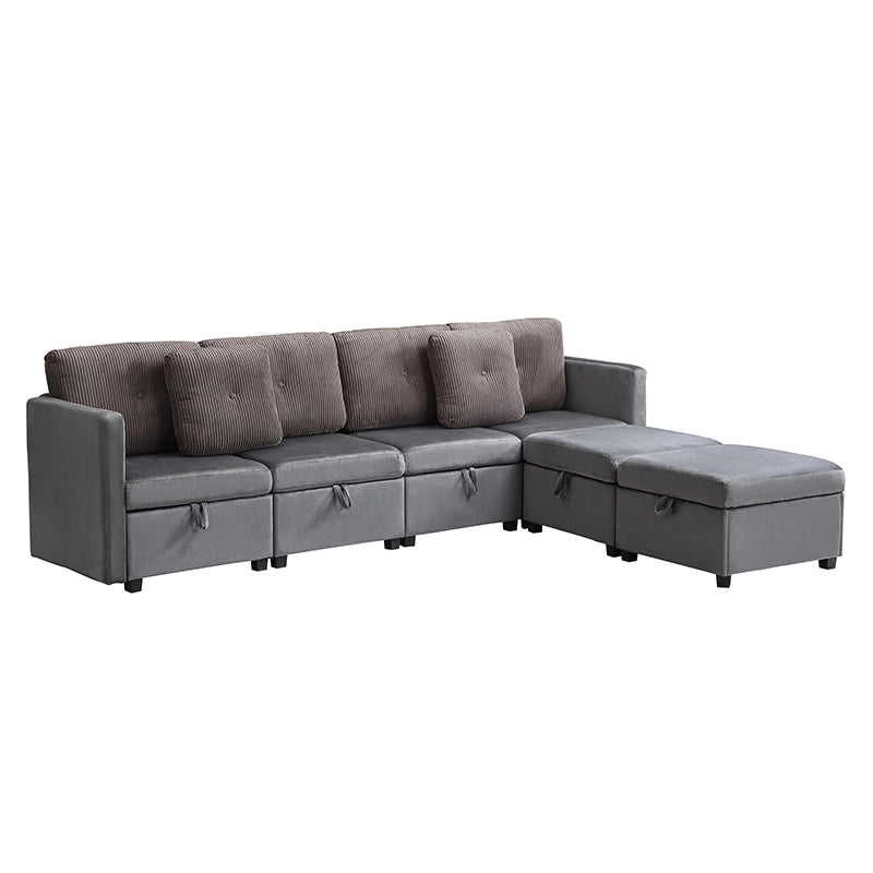 Divano modulare a U 6 moduli con contenitore e cuscini; velluto e cord; grigio antico