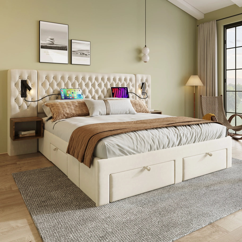 letto imbottito velluto beige 160 x 200 cm