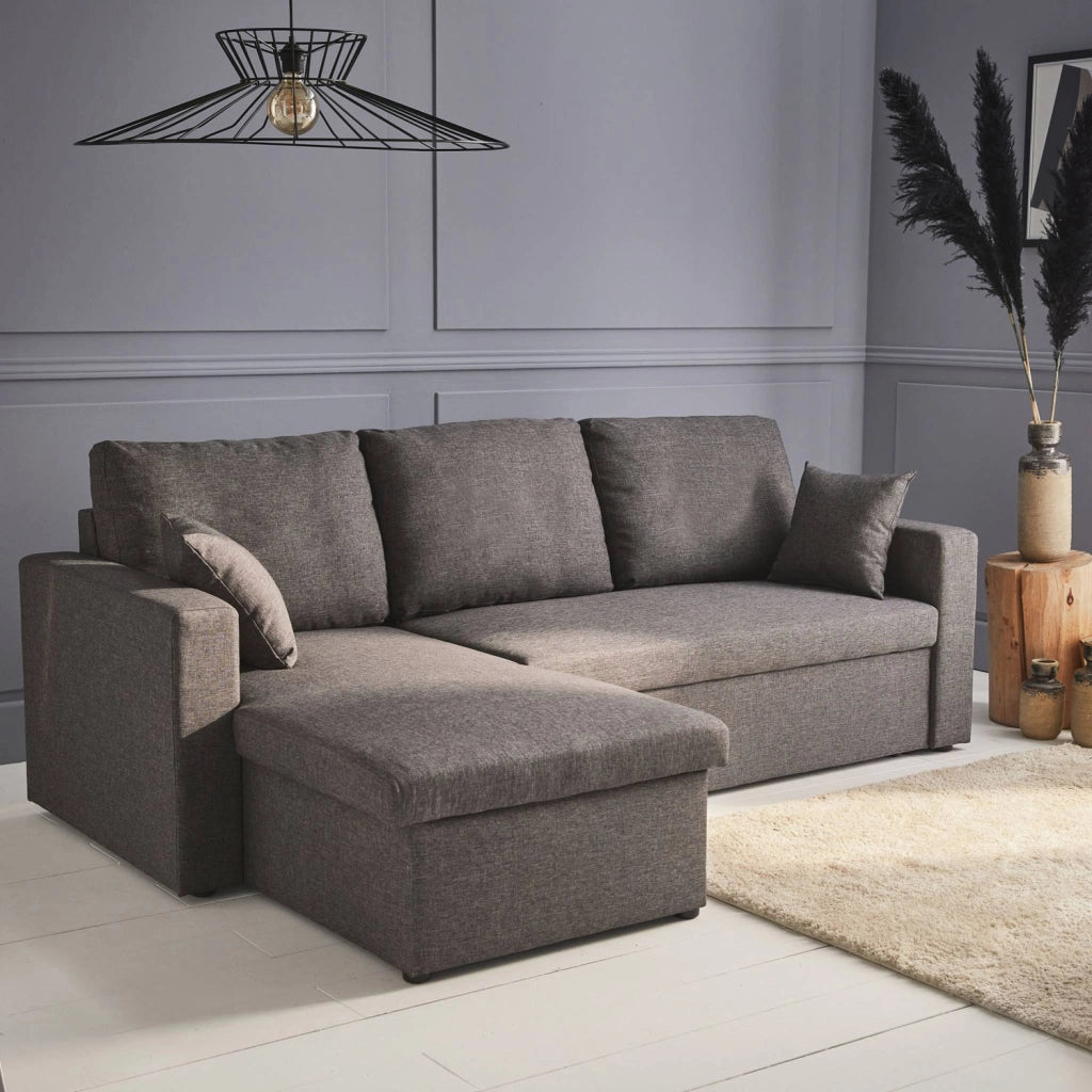 Divano letto angolare reversibile con contenitore, 3 posti, grigio