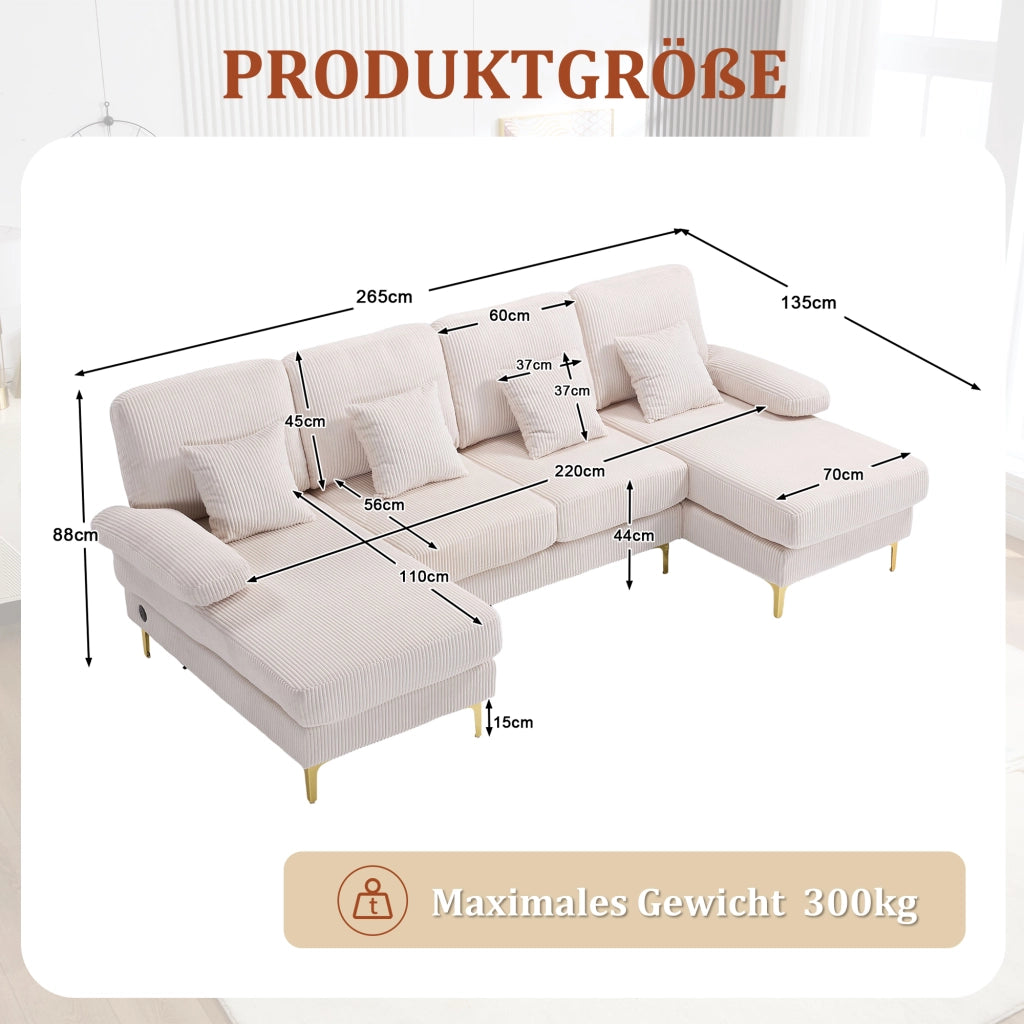 Divano ad U con LED e Porta USB-C ¨C MINIMAL ¨C Beige, Legno Massello, 4 Cuscini