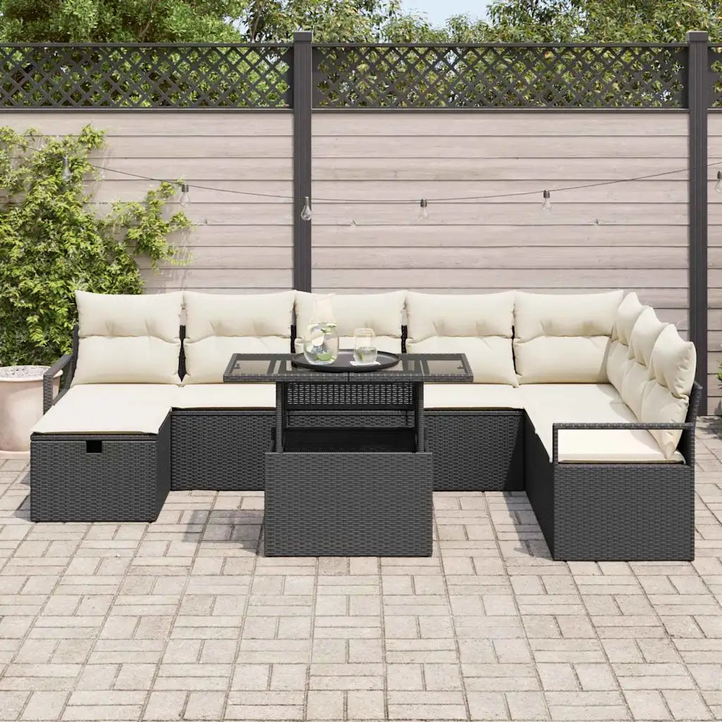 Set Divano da Giardino con cuscino 9 pcs Nero Poly Rattan