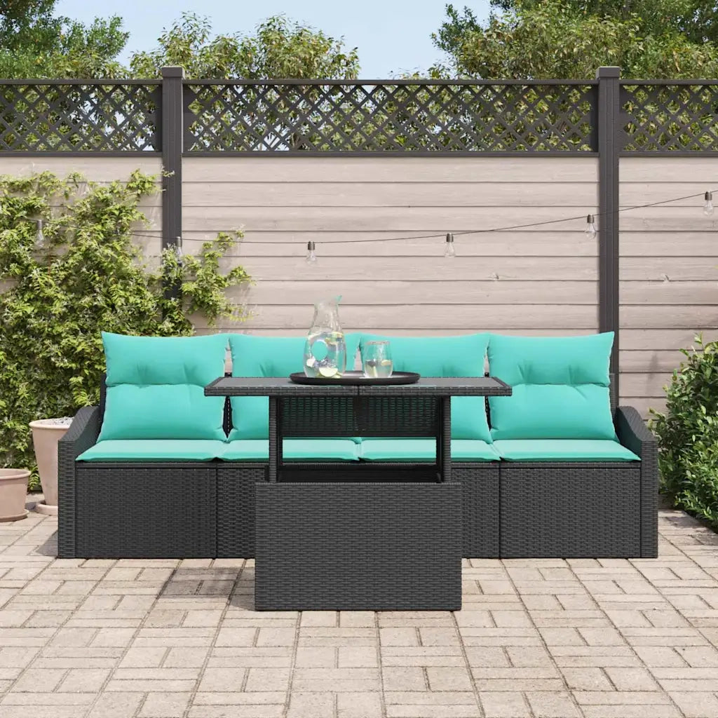 Set Divano da Giardino con cuscino 5 pcs Nero e Blu Poly Rattan 3348912