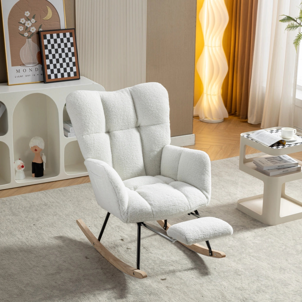 Poltrona a Dondolo Imbottita con Poggiapiedi ¨C MINIMAL ¨C Tessuto Boucl¨¦ Bianco