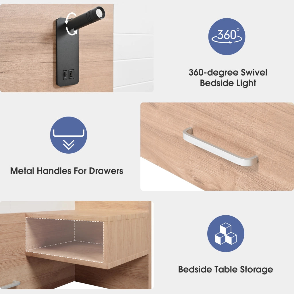 DESMIU Letto con cassetti letto matrimoniale 2 posti con 2 cassetti, lampada da lettura e USB, 180 × 200 cm, senza materasso