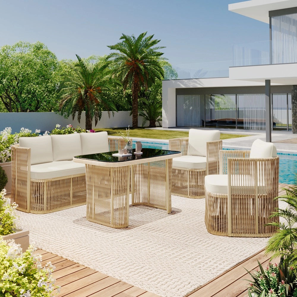 Set giardino 4 pezzi in rattan PE - Zephmum- Divano 3 posti, 2 poltrone, tavolo in vetro temperato