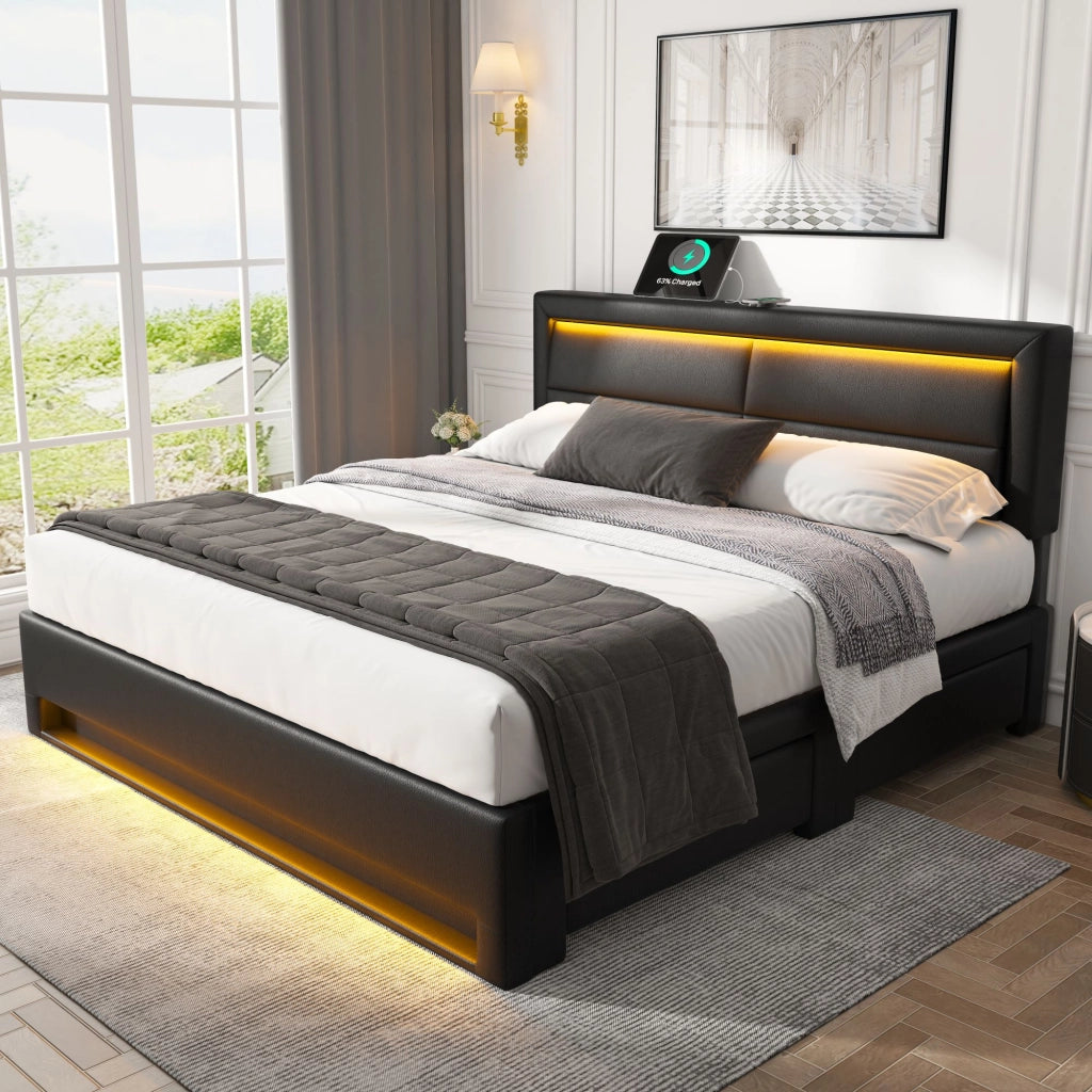 LETTO imbottito 140x200 cm PU nero con USB, LED e 4 cassetti
