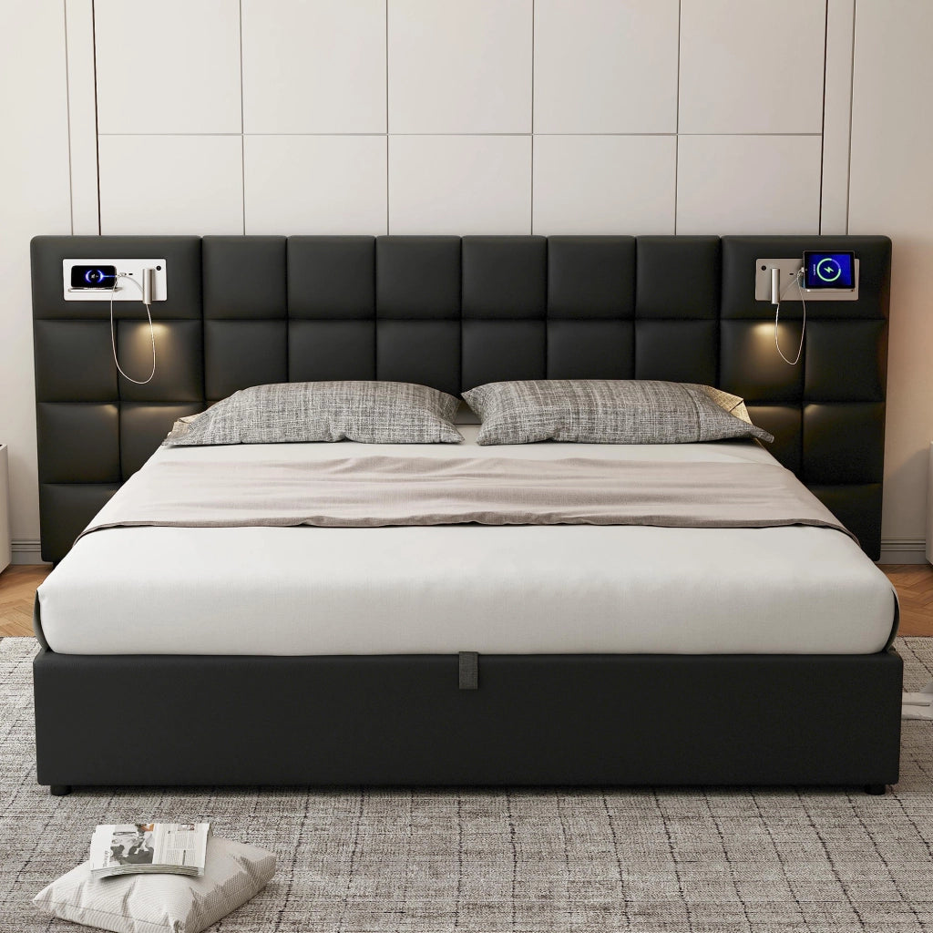 LETTO Imbottito 180 x 200 cm PU Nero con USB, ricarica wireless e luce