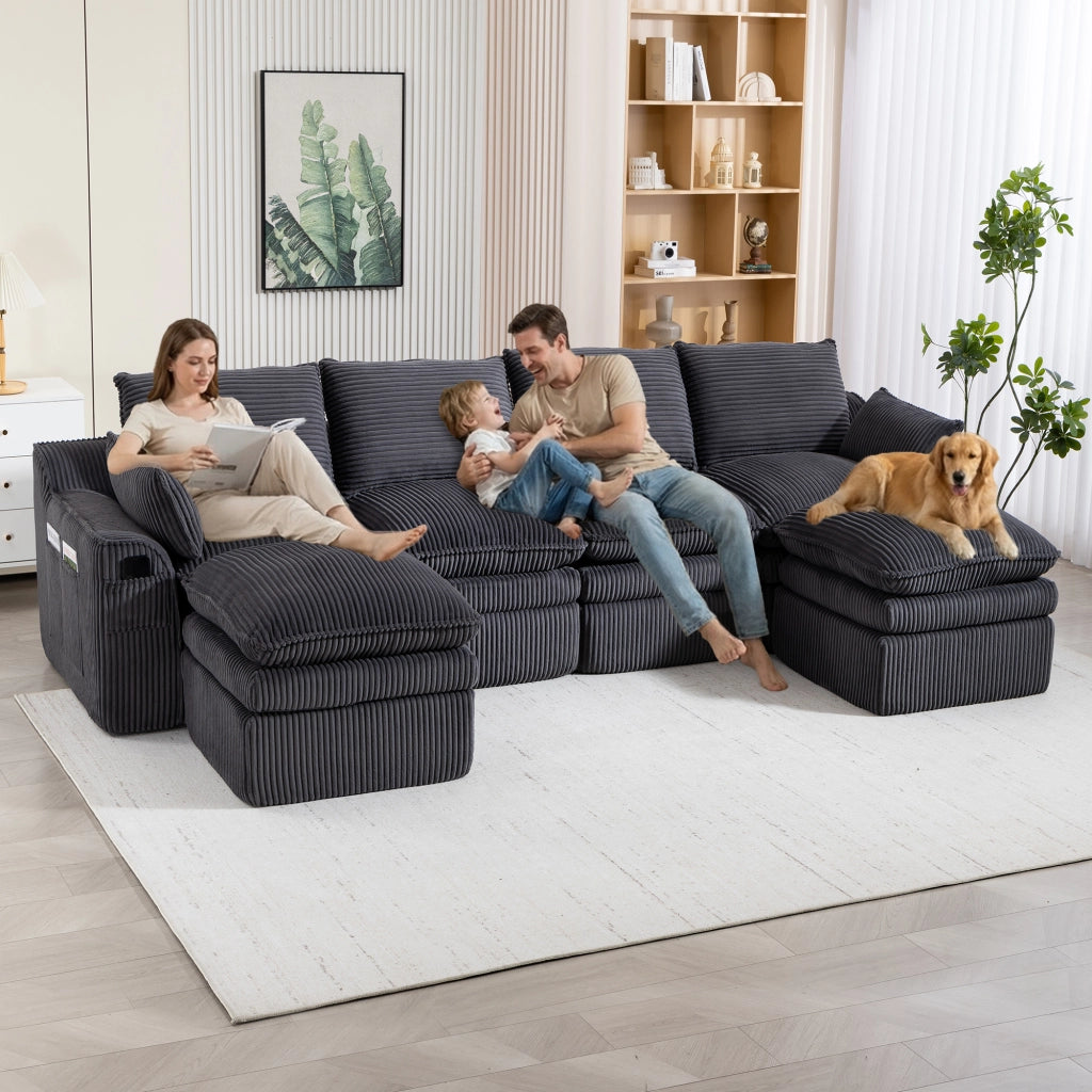 Divano Modulare 4 Posti con 2 Pouf ¨C MINIMAL ¨C Tessuto a Coste, Cuscini, Tasche Laterali, Grigio Scuro