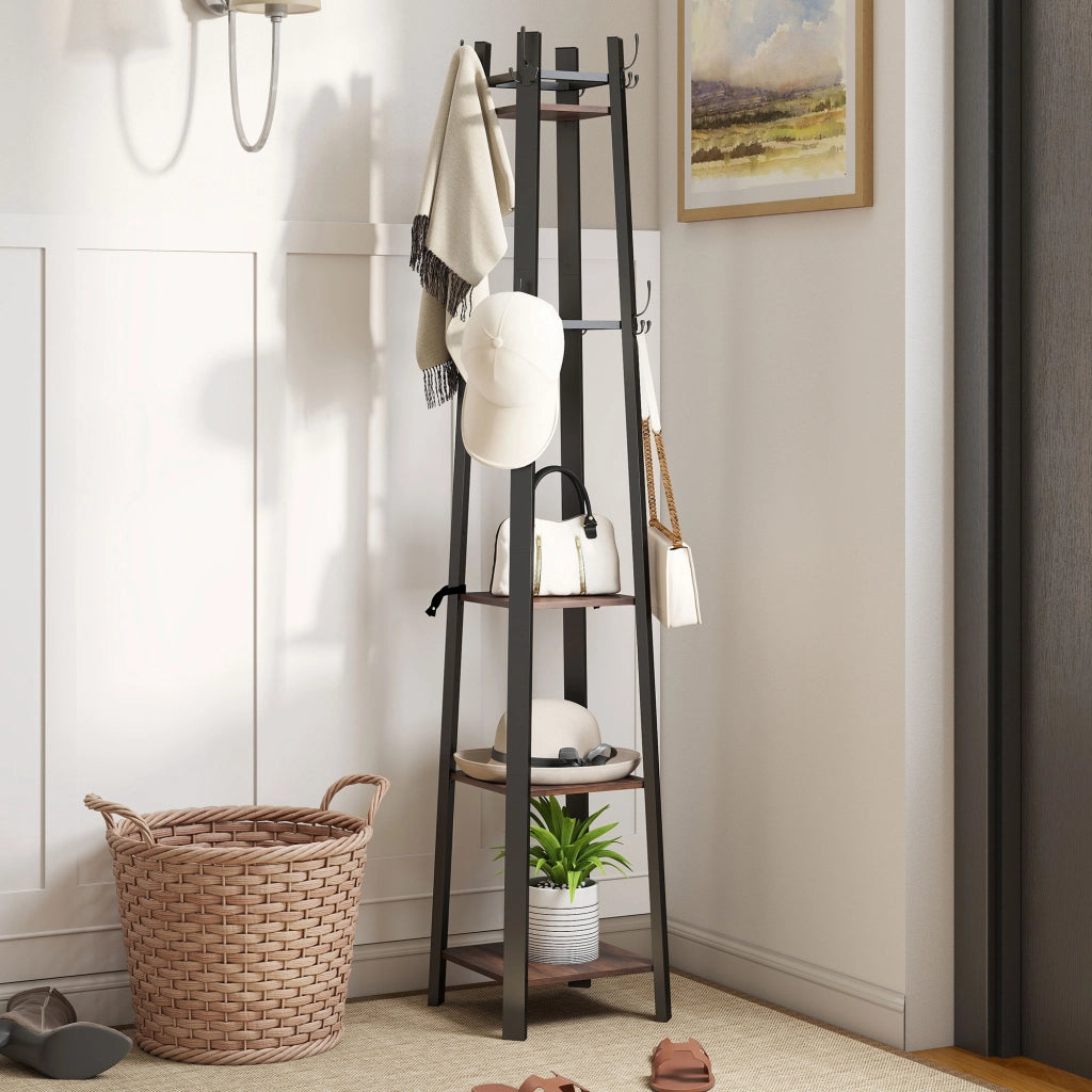Appendiabiti con scaffali ¨C Zephmum ¨C Marrone, metallo e legno, 4 livelli