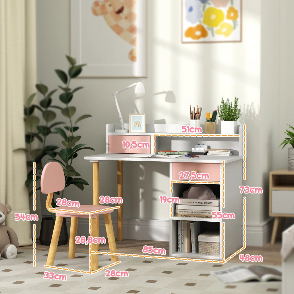 Scrivania per Bambini con Cassetti e Scaffale ¨C Minimal ¨C Rosa e Bianco