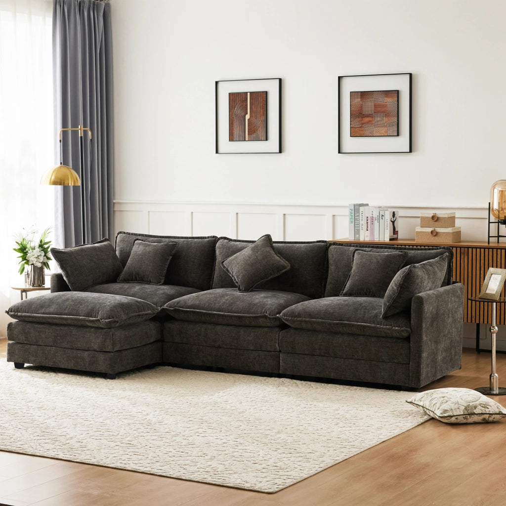 Divano angolare L moderno - Zephmum - Tessuto chenille, tre posti con poggiapiedi, Grigio